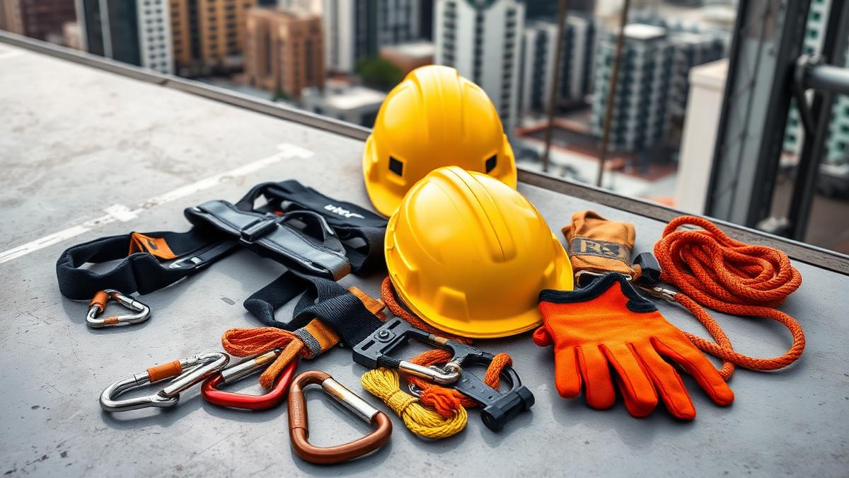 Equipamentos de segurança NR-35 para trabalho em altura: capacete, cinto, mosquetões e cordas