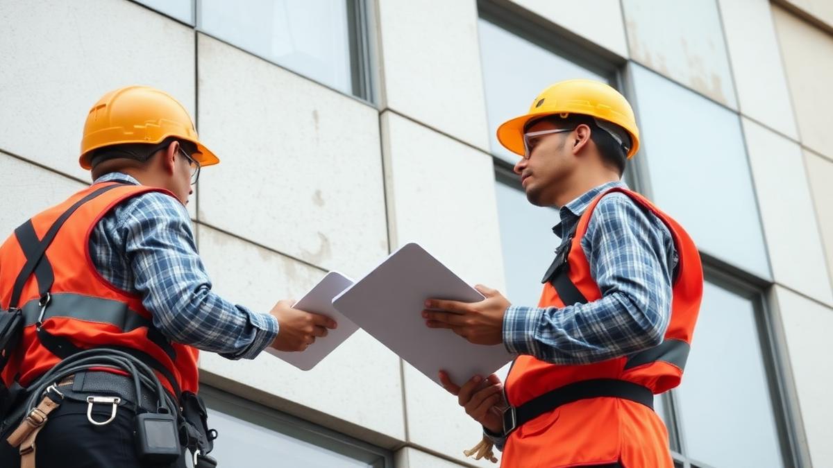 Técnicos em São Paulo realizando vistoria predial e laudo de fachada conforme a Lei QuaFa