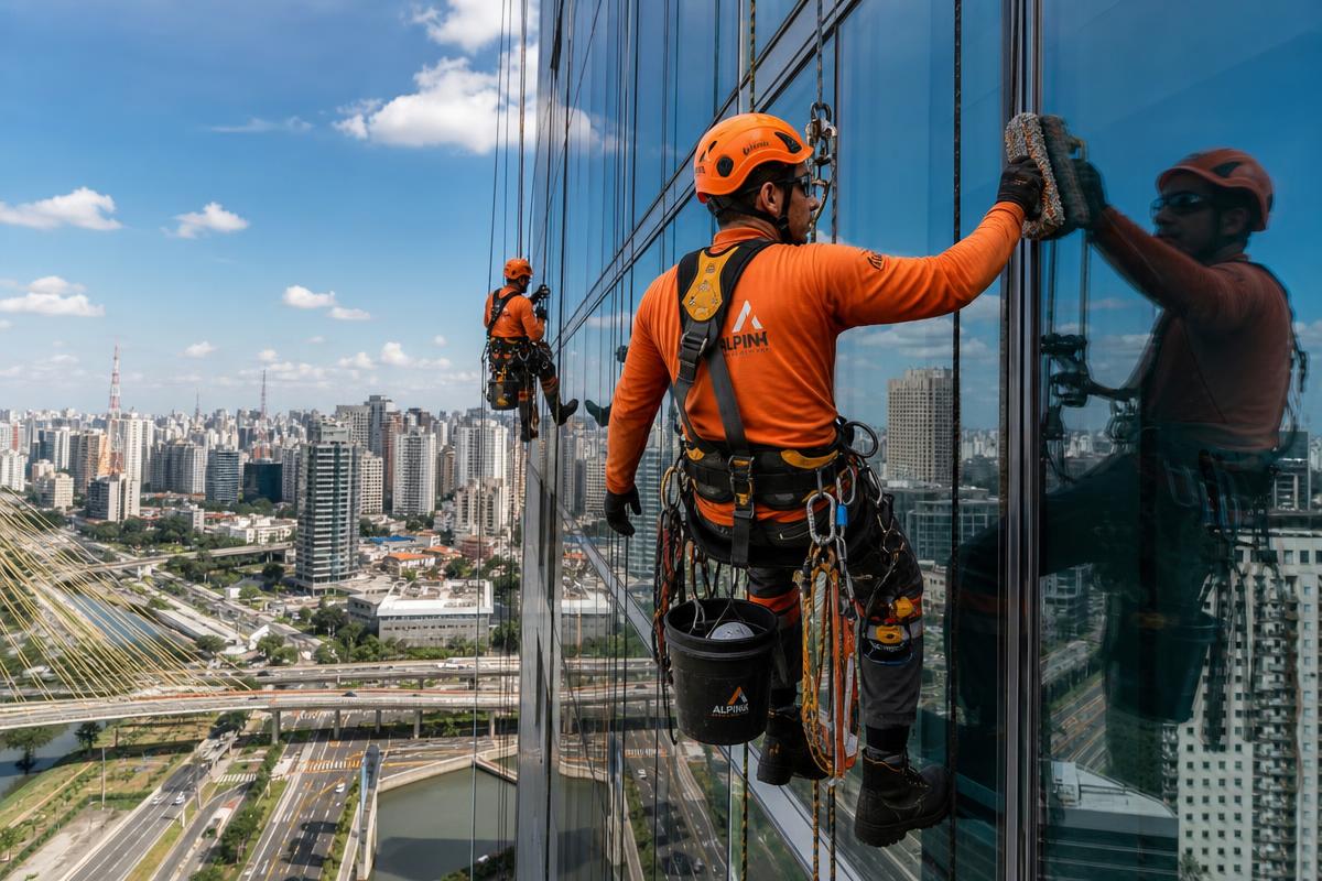 Equipe de alpinistas industriais em São Paulo realizando limpeza de fachada em altura com segurança NR-35