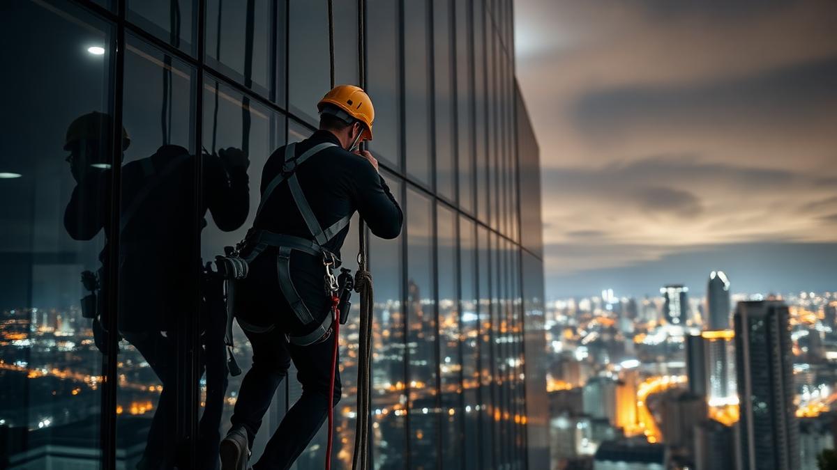 Alpinista industrial em São Paulo trabalhando em fachada de vidro com técnica de rope access